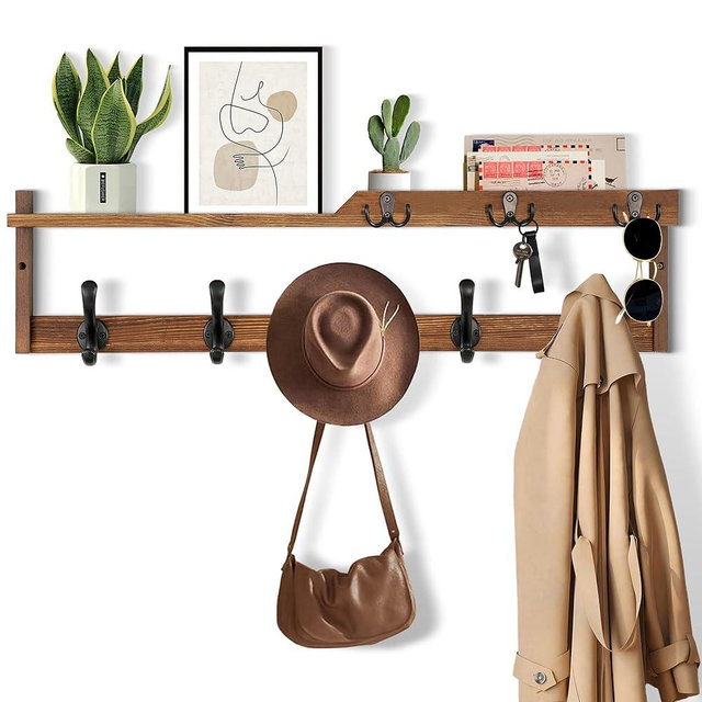 29'' Coat Rack Wall Mount with Shelf, Coat Hanger Wall Mount with Key Hooks and Mail Holder, Wood Entryway Wall Floating Shelf with Hooks and Storage, Hat Rack for Wall Key Holder Mail Organizer