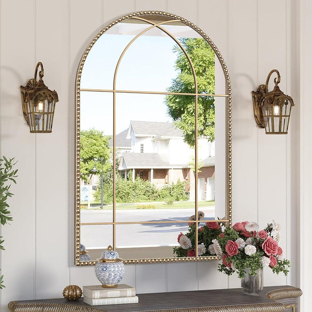 Wiserset Gold Arched Window Beaded Mirror, 24" x 36" Arched Champagne Bronze Brass Mirror with Metal Frame, Vintage Antique Mirrors, Decorative Wall Mirror for Living Room, Bedroom, Entryway