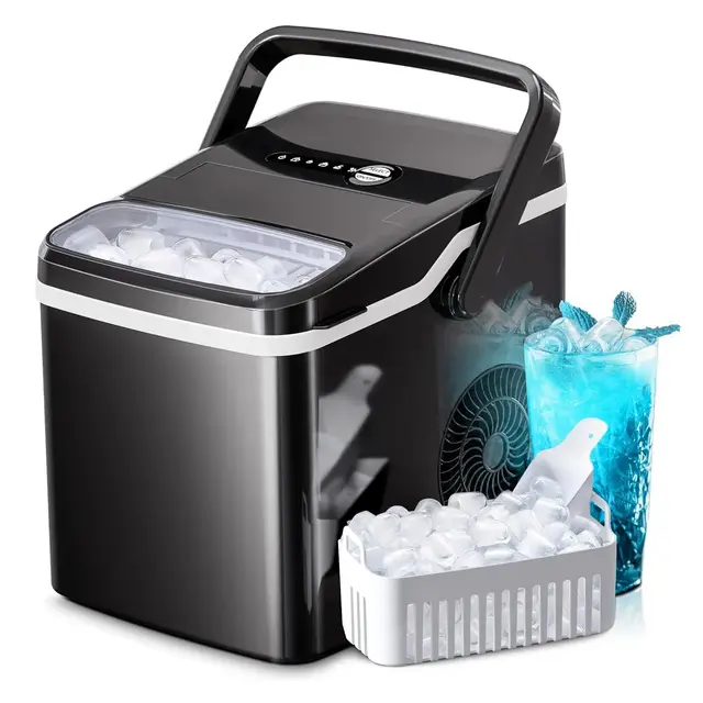 R.W.FLAME Ice Makers Countertop , Collapsible Portable Countertop Ice Maker , 2 Sizes of Ice Cube , Small Ice Maker with Ice Basket / Scoop , Black