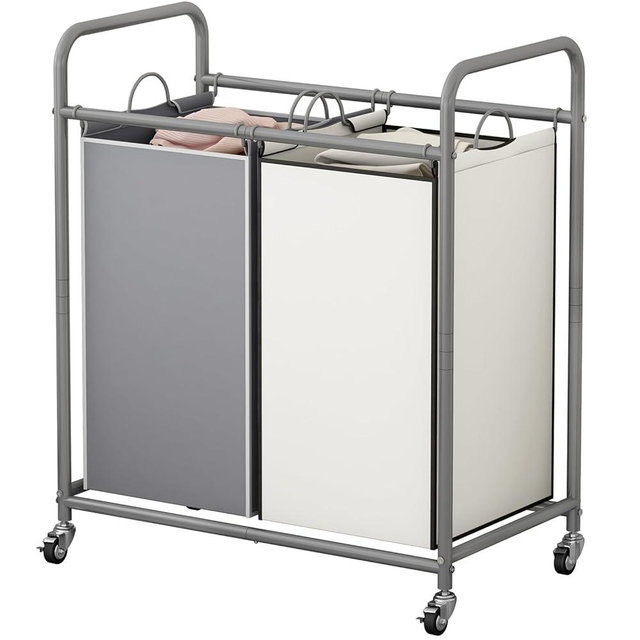 SUOERNUO Laundry Sorter Basket 2 Bag Laundry Hamper Cart with Rolling Lockable Wheels and Removable Bags Laundry Organizer Cart for Clothes Storage (Grey+Beige, 2 Bags)