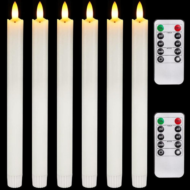 Homemory 6 Pcs Flameless Taper Candles with Remote Timer and Dimmer, White Candle Sticks Battery Operated, LED Window Candles with Flickering Light, 9.6 Inches for Valentine Wedding Indoor Decoration