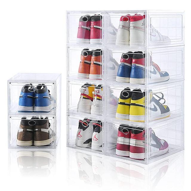 Amllas 10 Pack Clear Shoe Boxes Stackable,Shoe Storage Boxes for Closet,Sturdy Shoe Box Storage Containers with Clear Door,Sneaker Storage,Easy to Assemble,Fit up to US Size 12(13.8”x 9.84”x 7.1”)