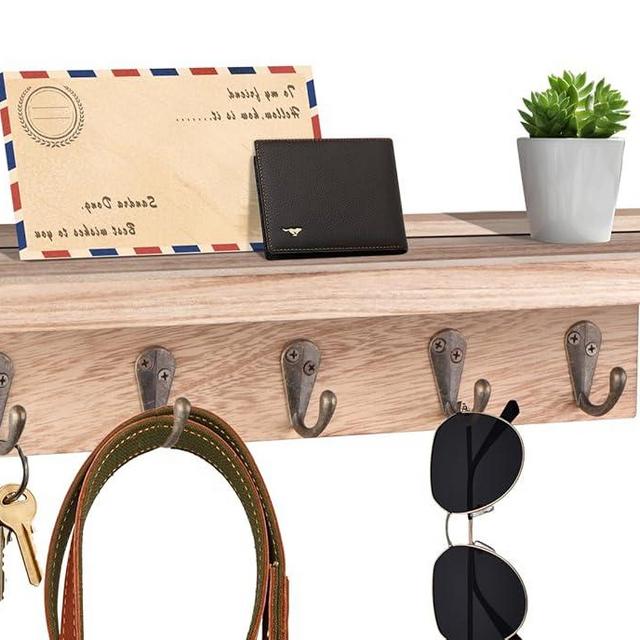 ZUXEFO Key and Mail Holder Wall Mounted (5 Hooks, Small), Wooden Wall Hanging Key Holder with Shelf, Rustic Entryway Rack Organizer for Key Mail Dog Leash Bag Coat - by YHYZ