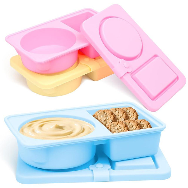 TULOBI 3 Pack Silicone Reusable Snack Containers with Lids, Cute Double Compartment Snackle Box Containersfor Dips Salad Condiment, Small Food Snack Case for Travel, School, Picnics