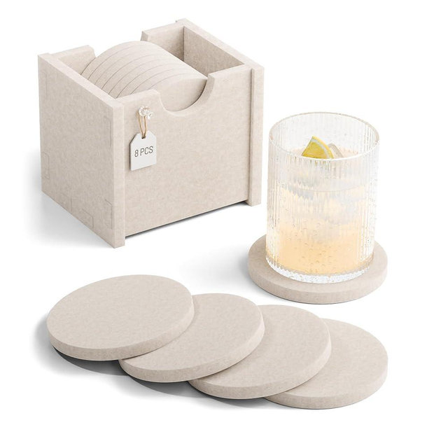 Fluxynara Felt Coasters for Drinks, Set of 8 Absorbent Coasters with Holder, Heat-Resistant & Reusable Round Design for Coffee Table & Living Room, 3.92 Inch, Oatmeal