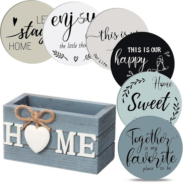 Queekay Housewarming Gifts for Home Decoration Wooden Heart Coasters for Drinks 6 Set Farmhouse Coasters with Holder Funny for Family Coffee Table Protection, 4''(Blue)