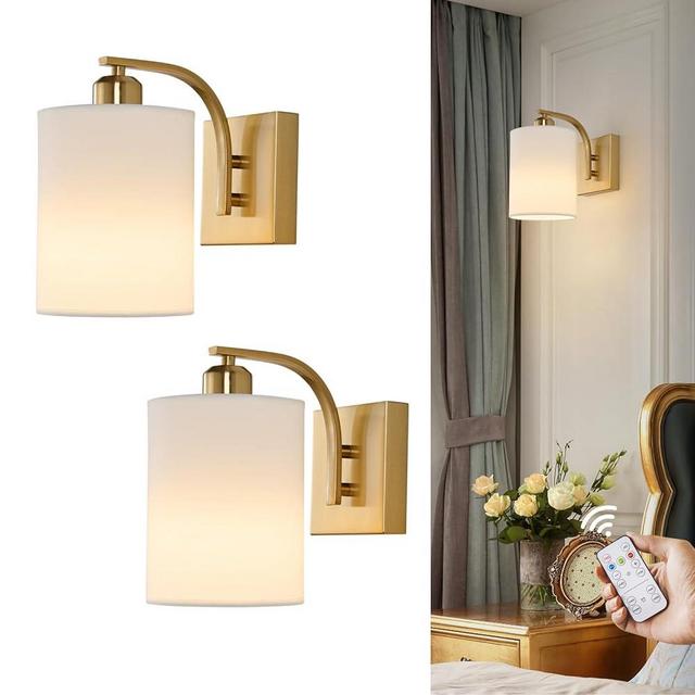 Powfloven Gold Rechargeable Battery Operated Wall Sconces Set of 2 with Remote, Wireless Dimmable Battery Powered LED Wall Lights, Cordless Wall Lighting Lamp Fixture for Bedroom Living Room