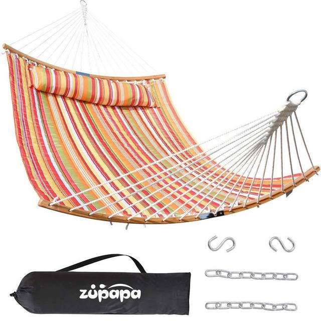 Zupapa Quilted 2 Person Hammock Curved Bamboo Spreader Bars, Heavy-Duty Double Hammock Swing, Folding Portable Large Hammocks for Camping Patio Yard, Carrying Bag Included