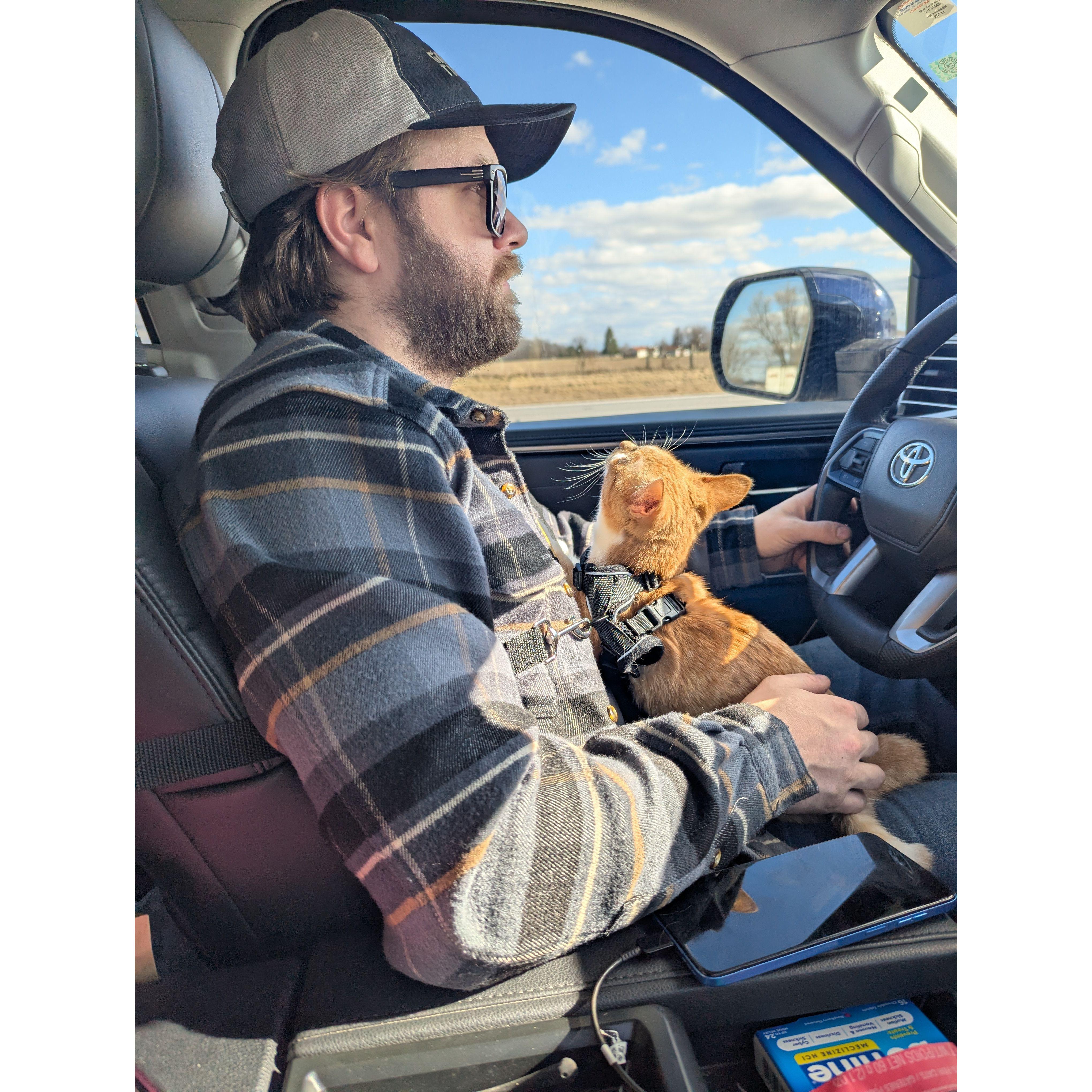 Ella loves to sit with Devin while he drives.