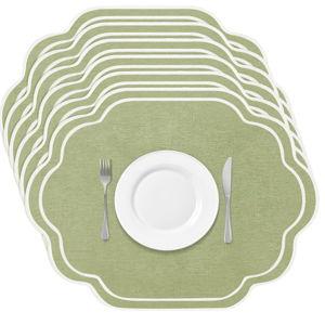 Breling Set of 6 Wedding Placemats Scalloped Embroidered Cotton Linen Placemats 17" x 13" Double Layered Machine Washable Table Place Mat for Party Table Decor(Sage Green)