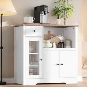 Senfot Kitchen Microwave Cabinet with Storage and Drawers, Modern Small Buffet Cabinet with Glass Doors and Adjustable Shelf, Wooden Sideboard with Wide Top for Dining Room, Living Room - White