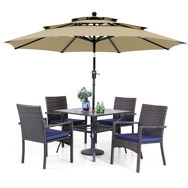 PHI VILLA 5 Piece Outdoor Dining Set with Umbrella, 37" Square Metal Dining Table & 4 Cushioned Wicker Rattan Chairs with 10ft Beige Umbrella for Patio, Deck, Yard, Porch