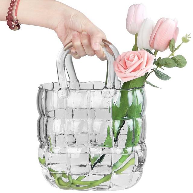 Unique Purse Vase for Flowers,11'' Handmade Thicken Bubbled Glass Bag Vases with Gradient Color for Home Decors .Great Clear Purse Flower Vase for Centerpiece,Floral Arrangement,Wedding Decors.