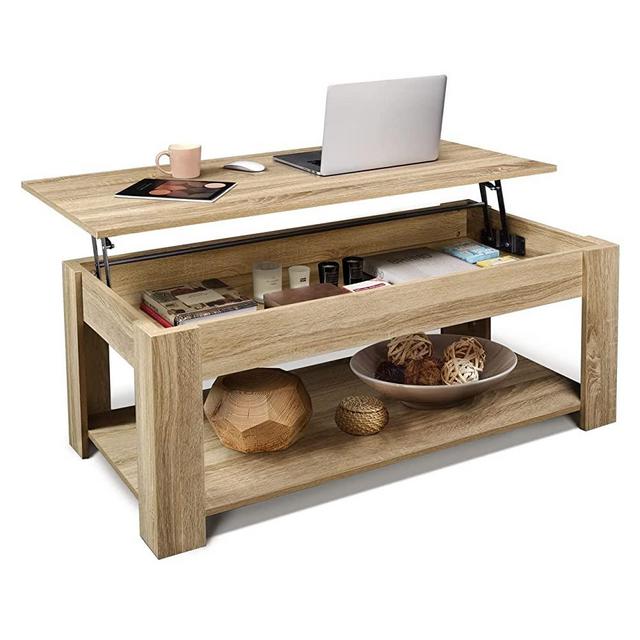 CAPHAUS Lift Top Coffee Table w/Storage, Storage Coffee Table w/Lift Top for Living Room, Rising Tabletop Coffee Table w/Hidden Compartment, Coffee Table w/Bottom Open Shelf, 47" Natural Oak