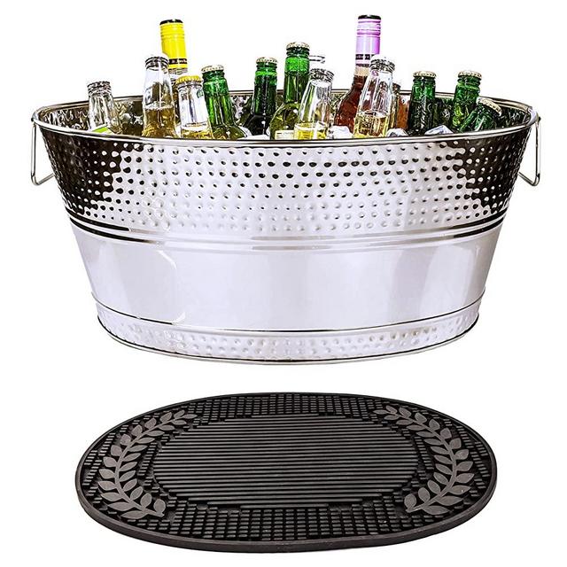 Stainless Steel Beverage Tub + Insulated Multi-Functional Bar Mat for Parties & Events - Wedding Gifts, Anniversary, Wine Nights (6-Gallon)