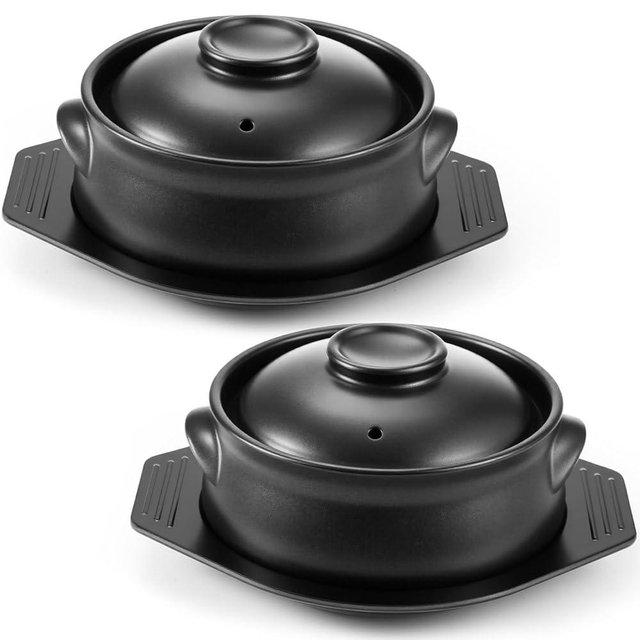 Kritkin 2 Pcs Korean Stone Bowl with Lid and Trivet Ceramic 38 oz Sizzling Hot Pot with Double Handles Medium Korean Cooking Platter Clay Pot for Cooking Stew Casserole Dolsot Bibimbap Soup Cookware