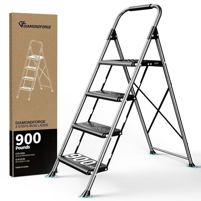 DIAMONDFORGE 4 Step Ladder, Folding Step Stool with Anti-Slip Wide Pedal, Soft Handle, Anti-Slip Feet, Heavy-Duty Steel Construction, 900lbs Capacity Steel Ladder for Home Office, Grey