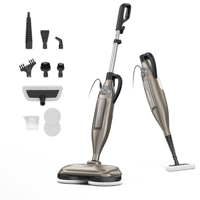 DEVOAC VM6 Scrubbing Steam Mop with Rotating Mop Pads, 10 in 1 Steam Mop, Lightweight Spin Mop & 3 Steam Modes for Hard Floor Laminate Marble Floors (Khaki)