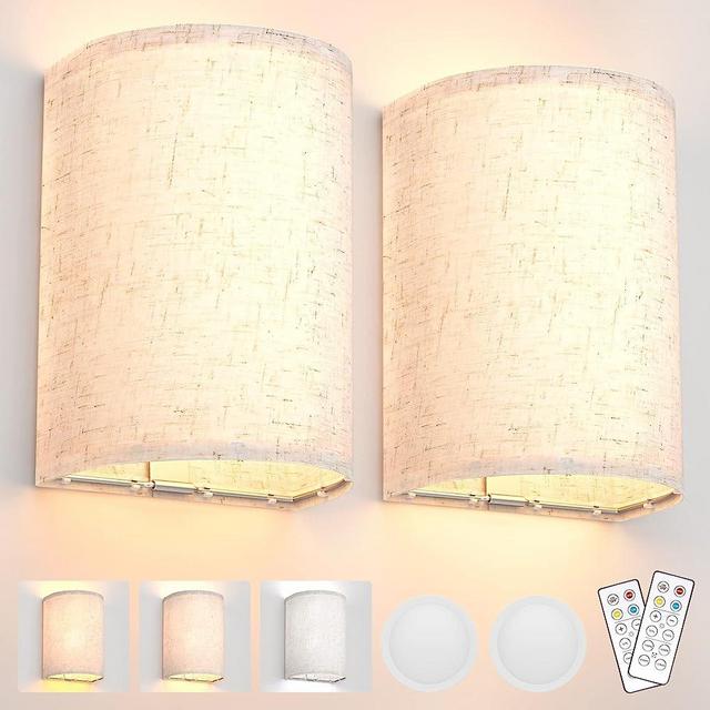 Wall Sconces Set of Two, Battery Rechargeable 3 Colors Changeable Dimmable Wall Lights Fixtures with Remote Control Fabric Height Wall Lamp Sconces for Bedroom Living Room Hallway