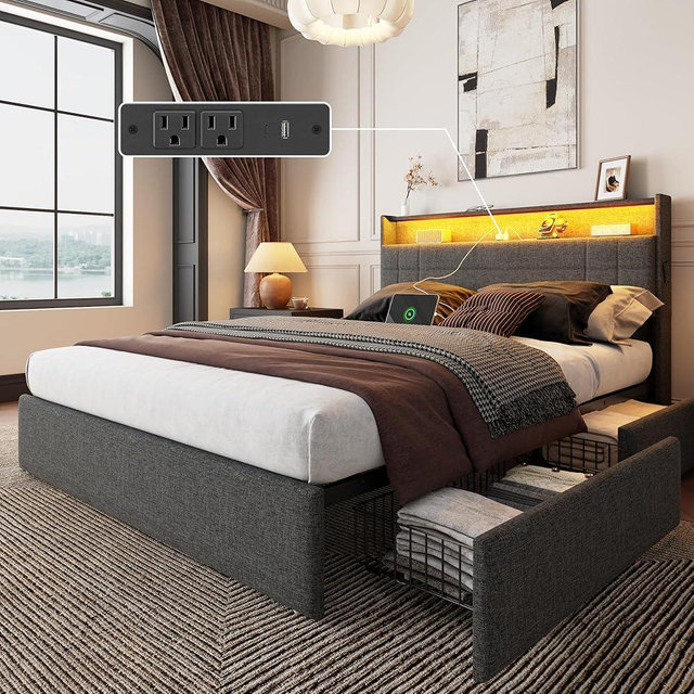 Forestell Queen Bed Frame with 4 Drawers and Storage Headboard, Grey Upholstered Platform Bed Frame Queen Size with Charging Station and LED Lights, Metal Slats Support, No Box Spring Needed
