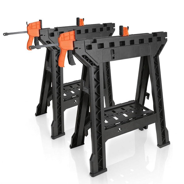 EHHLY Folding Saw Horses 2 Pack, Heavy Duty Clamping Sawhorse with Removable 18 Inch Bar Clamps, 1000 LBS Total Load Capacity, Built-In Tool Tray and Cord Hooks