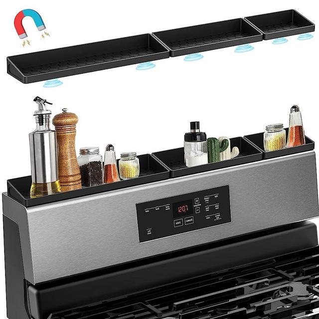 AWOKE Stove Top Shelf 30/24/20 Inch | Silicone Magnetic Shelf for the Stove | Heat Insulated Baffles | 3 in 1 Non-Slip Kitchen Spice Rack Organizer - Black