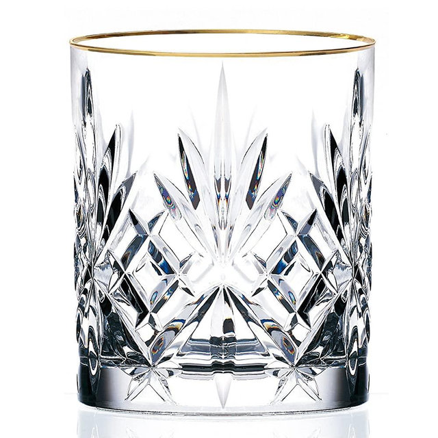 Lorren Home Trends Siena Collection Crystal Double Old Fashion Beverage Glass with Gold Band Design, Set of 4