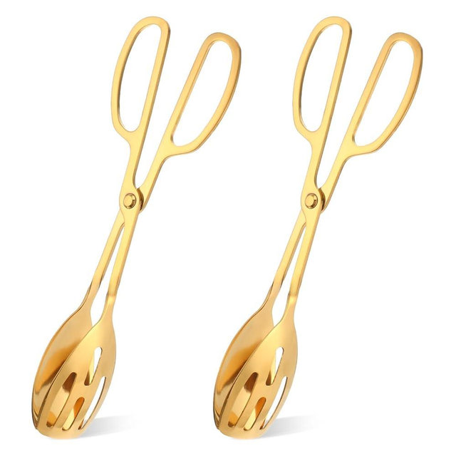 2 Pack Gold Serving Tongs Buffet for Kitchen Serving and Cooking, Thickening Stainless Steel Salad Tongs Food Tong Servings Utensils for Wedding Party Catering (Gold)