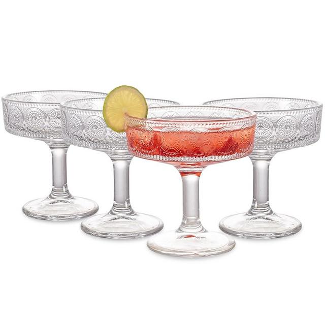 SoulTimes Vintage Coupe Glasses Set of 4, Romantic Embossed Floral Martini Glasses, Perfect for Champagne, Cocktail, and Wine – Long Stem Glassware 7 oz for Parties, Gifts, and Special Celebrations