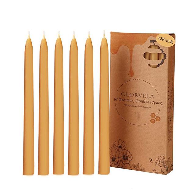 olorvela Taper Candles Beeswax Candles Candle Sticks Handmade of 100% Pure Beeswax , Smokeless and Dripless Tapered Candles (Yellow, 10" 12 Pack)