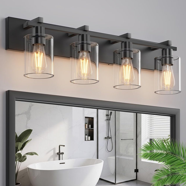 Espird Bathroom Vanity Light,4 Light Matte Black Light Fixture with Thickened Clear Glass Shade, 30 inch Modern Wall Sconce, Bathrooms Vanity Light Over Mirror for Bathroom