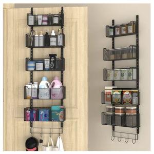 Over The Door Organizer, Metal Door Organizer Hanging with 5 Adjustable Baskets and Coat Hook, Behind The Door Storage for Bedroom Closet Bathroom Pantry Cabinet Kitchen, Black