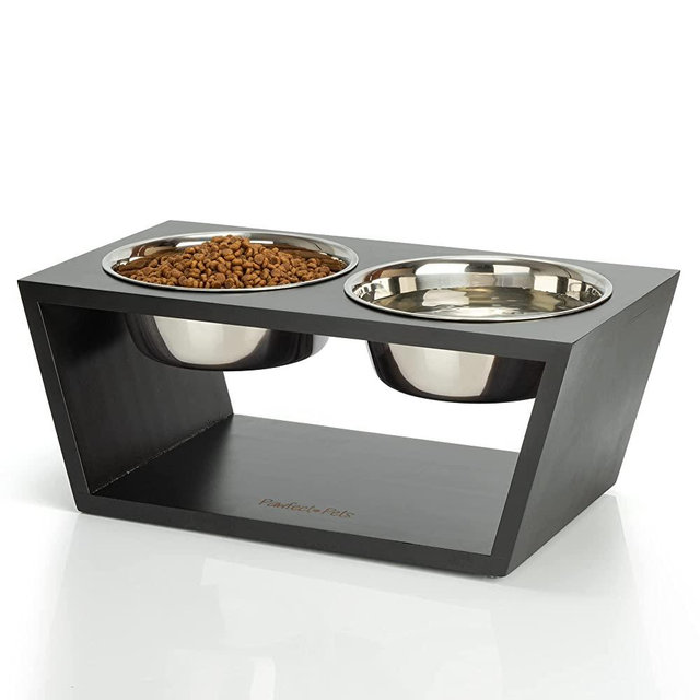Pawfect Pets Elevated Dog Bowl Stand- 7" Raised Dog Bowl for Medium Dogs. Pet Feeder with Four Stainless Steel Bowls (Black)