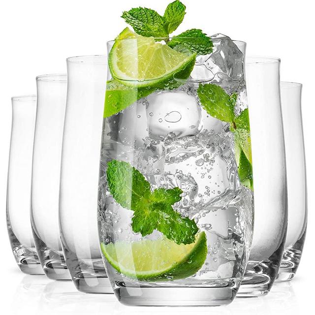 BENETI Exquisite Highball Drinking Glasses [Set of 6] Curved Clear Water Glasses with Heavy Weighted Base, Tall Cocktail Glasses, Beer Glasses, Tumbler Glasses, Glass Cups for Fresh Juice (14 Ounces)