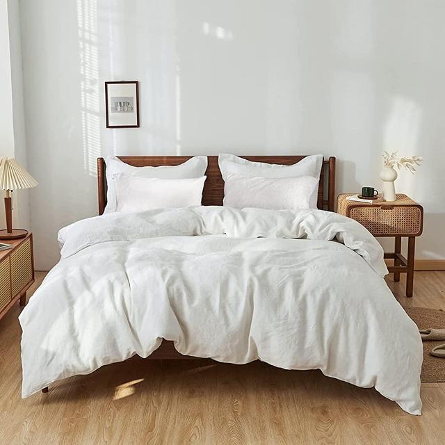 Simple&Opulence 100% Washed Linen Duvet Cover Set 5pcs(1 Duvet Cover& 2 Shams& 2 Pillowcases) Basic Style Natural French Flax Soft Breathable Farmhouse Bedding (King, White)