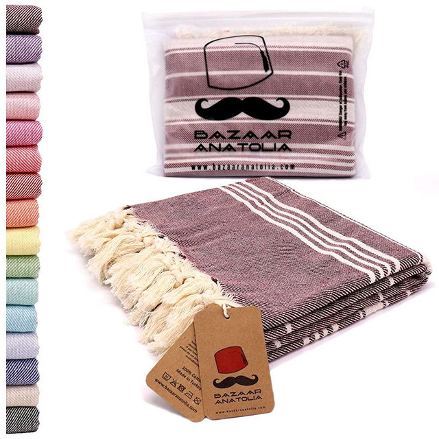 Bazaar Anatolia Stripe Turkish Towel 100% Cotton Peshtemal Bath Towel 75x38 Thin Lightweight Travel Camping Bath Sauna Beach Gym Pool Blanket Fouta Quick Dry Towels (Maroon)