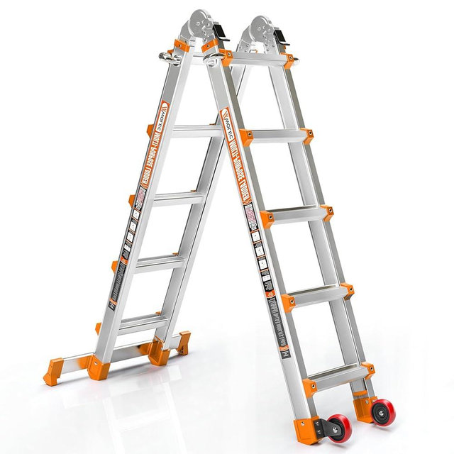 Wolec Telescoping A-Frame Ladder- 17FT Folding Extension Ladder with Wheels & Stabilizer Bar, 330lb Security Load Multi Position Ladders for Stairs Home Indoor Outdoor Roof