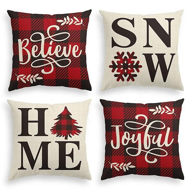 AVOIN Buffalo Plaid Believe Joyful Home Snow Throw Pillow Cover, 18 x 18 Inch Christmas Winter Holiday Snowflake Cushion Case Decoration for Sofa Couch Set of 4