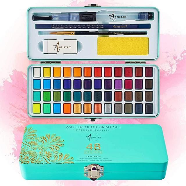 Artistro Watercolor Paint Set, 48 Vivid Colors in Portable Box, Including Metallic and Fluorescent Colors. Perfect Travel Watercolor Set for Artists, Amateur Hobbyists and Painting Lovers