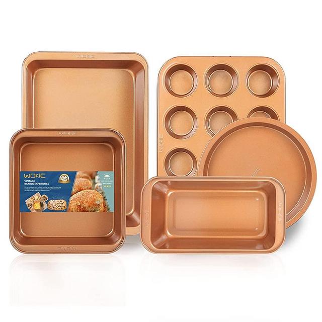 Wokic 5-Piece Nonstick Bakeware Set, Baking Pans Set with Round Cake Pans, Square Cake Pan, Loaf Pan, Muffin Pan & Roasting Pan, Baking Sheet Set Dishwasher Safe Easy Clean for Oven Safe