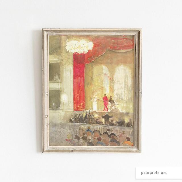 Theatre Art Prints, Printable Wall Art, Vintage Theatre, Antique Watercolour Painting, Office Wall Art, Living Room Art Prints, Kitchen Art