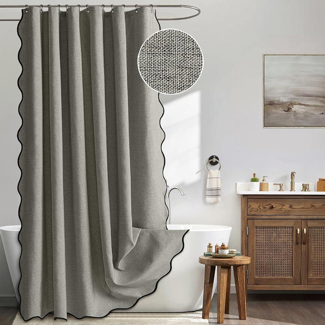 MIULEE Grey Scalloped Shower Curtain Linen Textured with 12 Metal Hooks Cute Heavy Duty Washable Waterproof Thick Cloth Shower Curtains with Black Border for Bathroom Hotel Bathtub,W72*L72