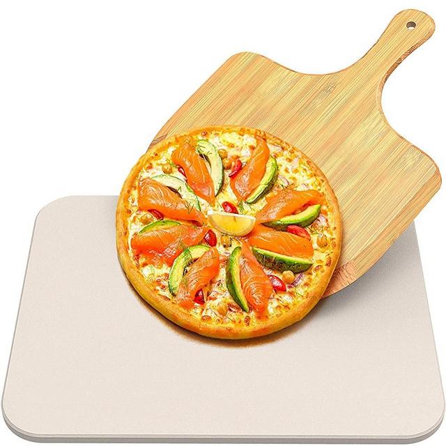 Pizza Stone for Oven and Grill, Baking Stone for Best Crispy Crust Pizza, Free Bamboo Pizza Peel Paddle, Durable and Safe Pizza Stone for Grill, Thermal Shock Resistant Cooking Stone 15x12 inch