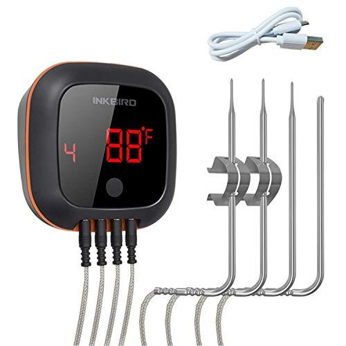 Inkbird IBT-4XS Bluetooth Wireless Grill BBQ Thermometer for Grilling with 4 Probes, Rechargeable Battery, Timer, Alarm,150 ft Barbecue Cooking Kitchen Food Meat Thermometer for Smoker, Oven, Drum