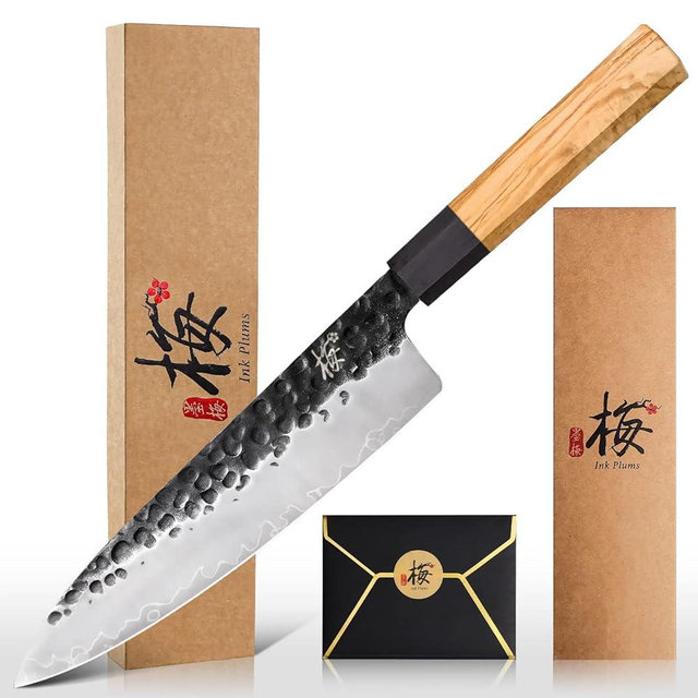 Ink Plums 8 Inch Professional Kitchen Knife,High Carbon Steel Ultra Sharp Chef's Knife with Olivewood Handle & Gift Box