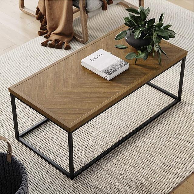 Nathan James Doxa Modern Industrial Coffee Table Wood in Herringbone Pattern and Metal Box Frame, Light Brown/Black