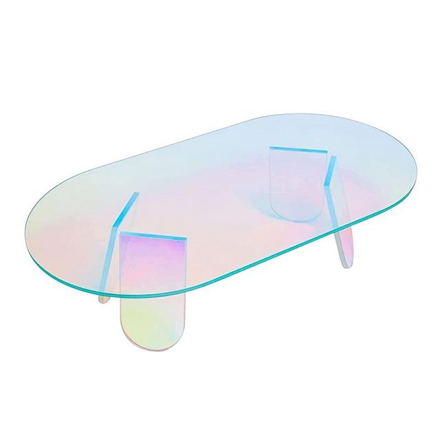 Acrylic Coffee Table, Iridescent Glass End Table Round Side Table Modern Accent Table for Living Room