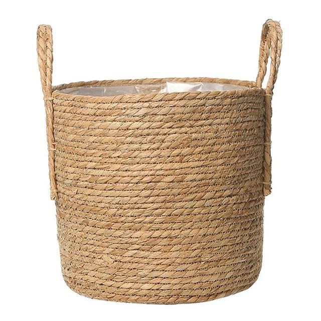 Cabilock Seagrass Plant Basket Hand Woven Belly Basket Bin Straw Beach Bag Panier with Handles for Laundry Picnic Plant Pot Cover Flower Home Toys Decor 16CM Khaki