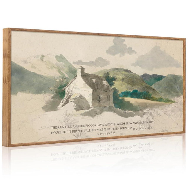 Aurlan House Built on the Rock Matthew 7:25 Wall Art(40"x20"), Boho Jesus Christian Bible Verse Scripture Canvas Artwork, Large Vintage Abstract Mountain Nature Landscape Decor for Home Dining Room Christ Gift
