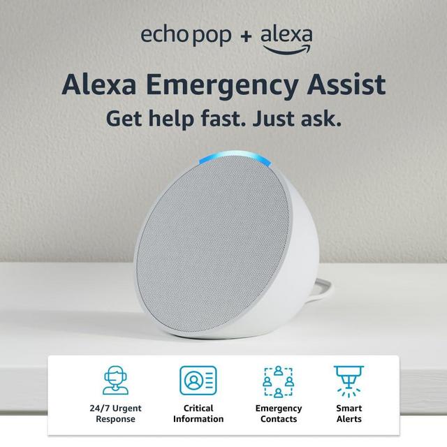 Echo Pop + Alexa Emergency Assist Monthly (auto-renewal) | Full sound compact smart speaker | Glacier White